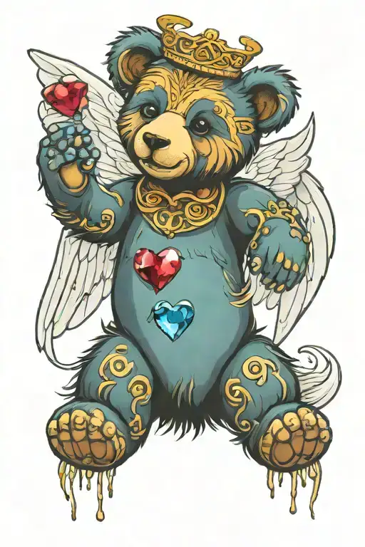 Create A Colourful Tattoo Design Of A Teddy Bear With Angel Wings And A Heart Gem