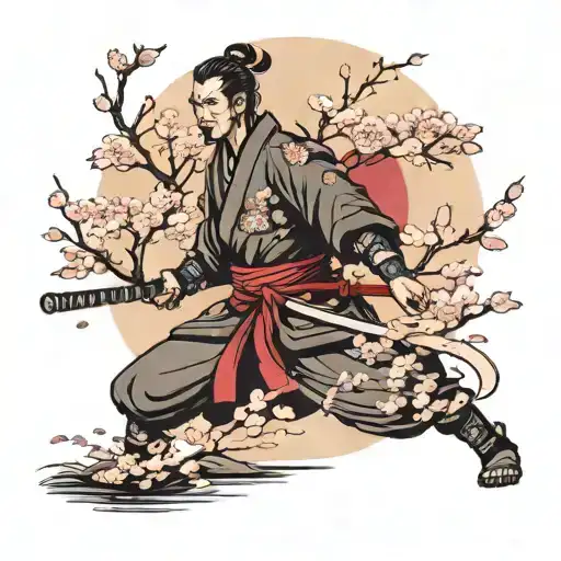 Samurai Standing Front On With Cherry Blossom Tree Behind Him With Petals Falling Down