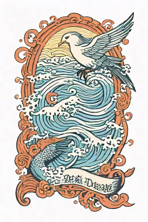 Waves On The Shoulder Till The Upper Bicep With A Japanese Wording Of The Bird Year