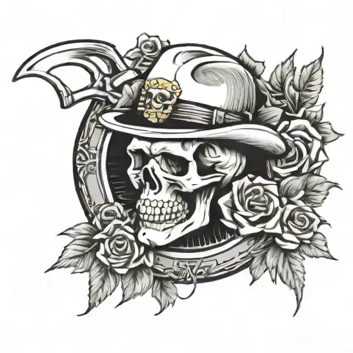 Skull In Porkpie Hat Inside Wreath Of Roses In Front Of A Mining Pick And Shovel Criss Crossed