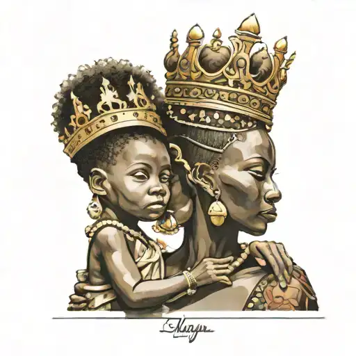 African Queen Holding Her Son While Fixing The Crown On His Head