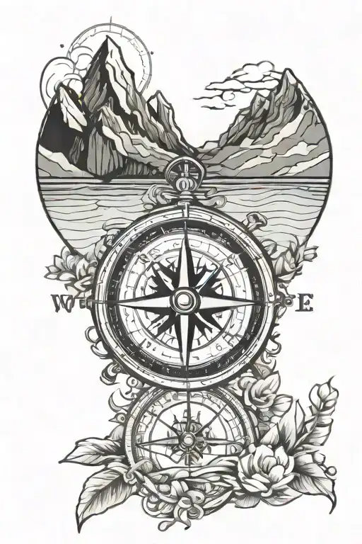 Compass With Ocean And Mountains