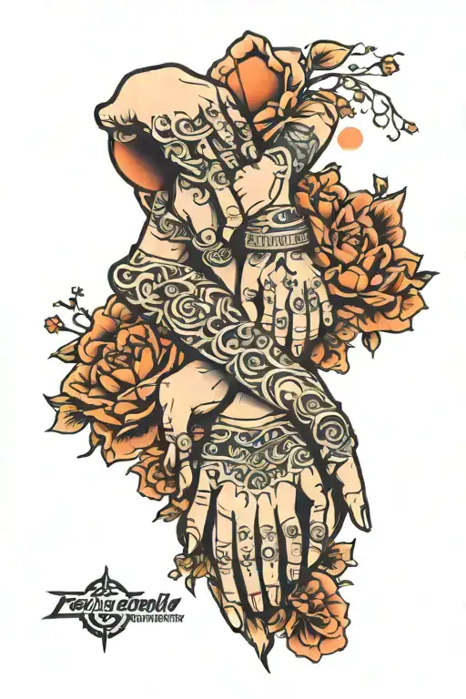 Family Of 4 Holding Their Hands Together In Sunset