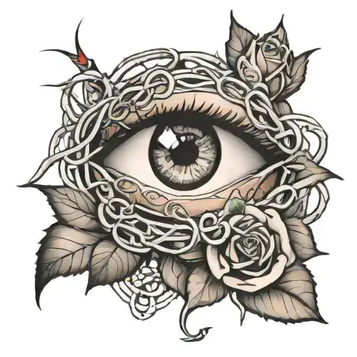 Black And Grey Tattoo Eye Wrapped In Vines And Barbed Wire Leading To A Rose