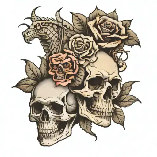 Blackout Sleeve Tattoo Featuring Skulls And Roses And A Dragon