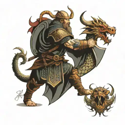 Viking Warrior Battling A Dragon