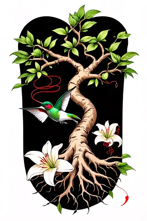 Roots Of A Tree Of Life With 2 Lilies And A Hummingbird And A Japanese Red Thread That Connects Them