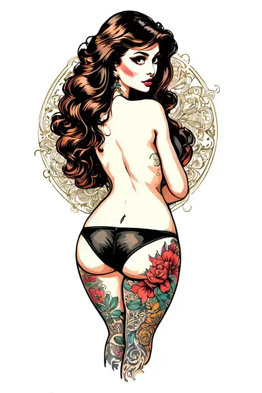 Pin Up Girl With Her Back Facing Forward Looking Over Shoulder With No Top On Wearing A Thong