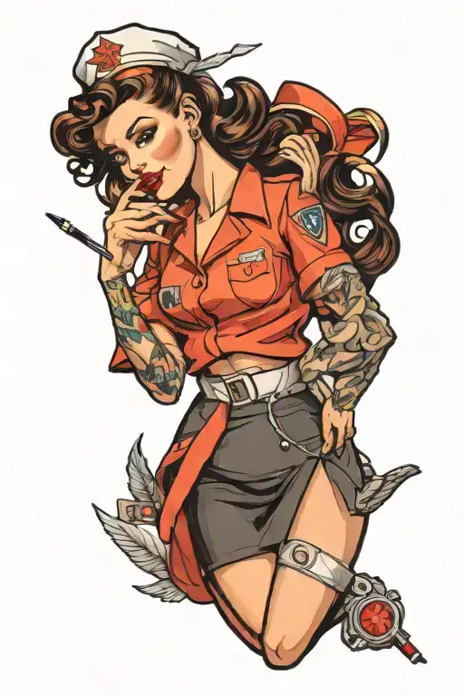 Pin Up Nurse Woman Holding Cigarette Brunette In Color