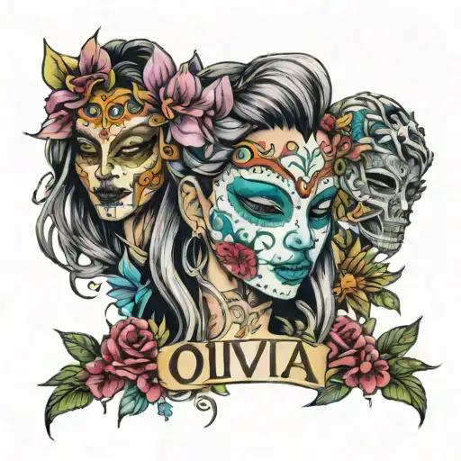 The Names Olivia Alba Surrounded By Flowers In Different Colors And Two Masks One Happy One Sad