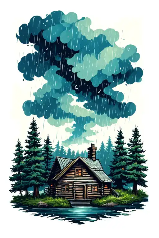 Hygge Painting Of Ladscape With Thunderstorm And Heavy Rain With Trees And Woodcabin