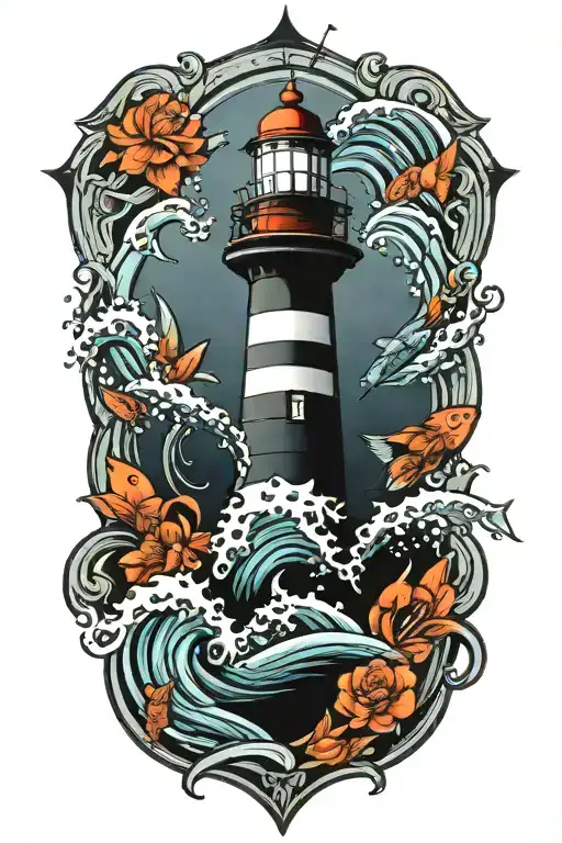 Lighthouse Surrounded Waves Flowing And Fishes Swimming