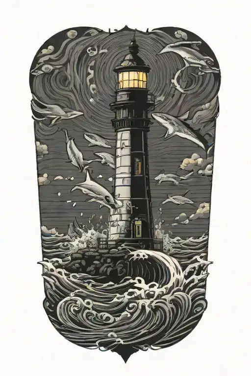 Lighthouse Surrounded Waves Flowing And Sharks Swordfishes Around