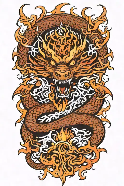 Dragon Around Fire And Waves Flowing