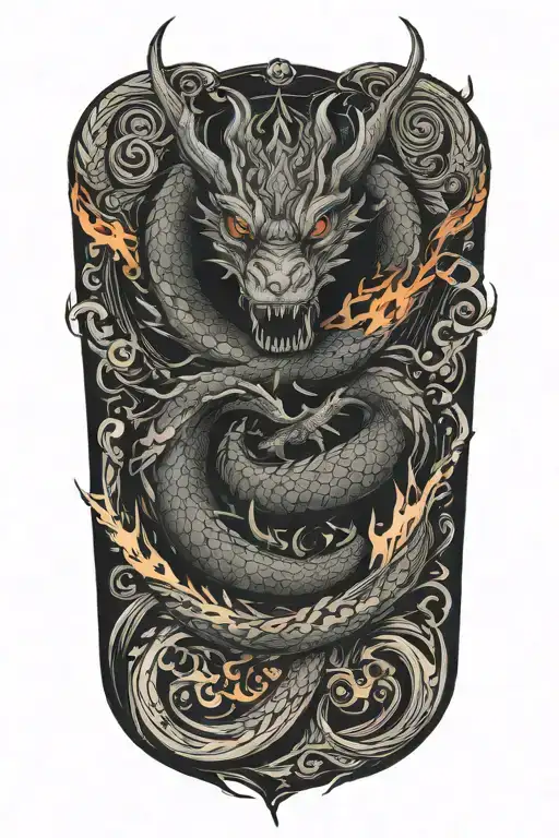 Dragon Around Fire And Waves Flowing