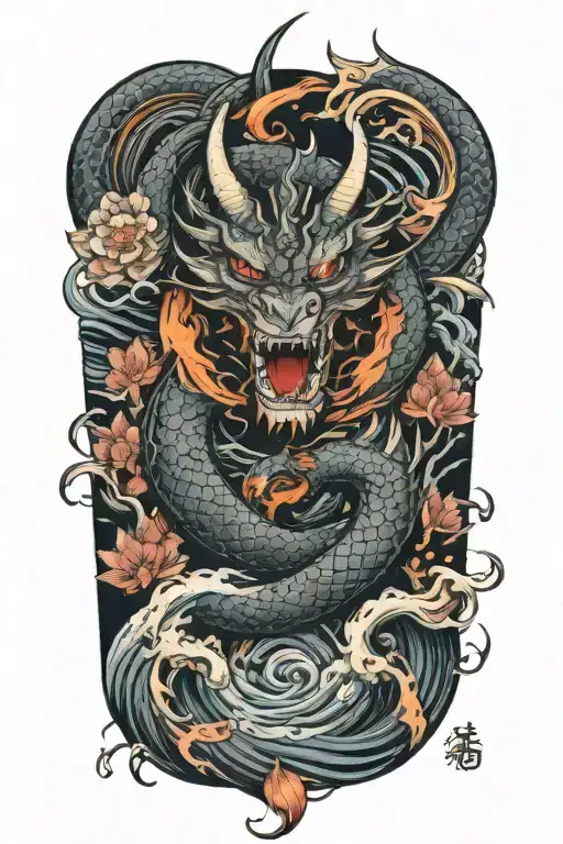 Dragon Around Fire And Waves Flowing River Running With Sakura And Lotus