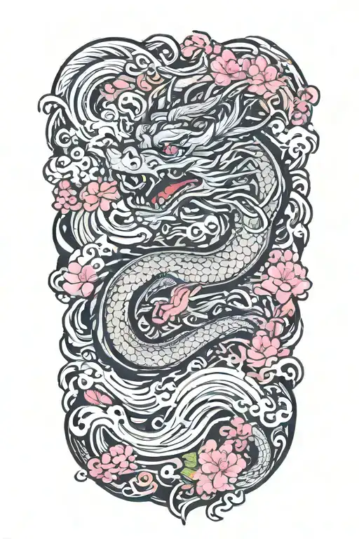 Dragon Around Fire And Waves Flowing River Running With Sakura And Lotus