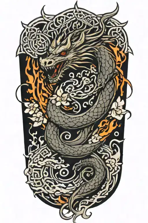 Dragon Around Fire And Waves Flowing River Running With Sakura And Lotus And Celtic Knots