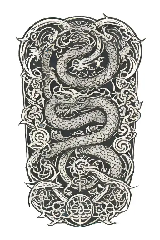 Dragon Around Fire And Waves Flowing With Sakura And Lotus And Celtic Knots