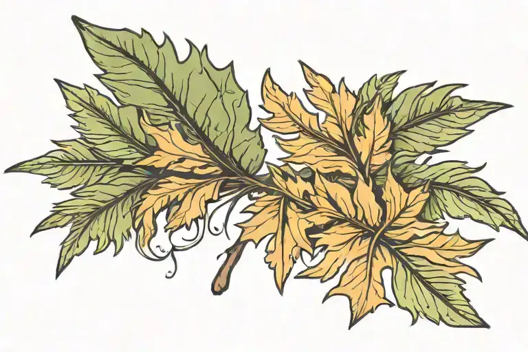 Leaf Of An Oak And Feather