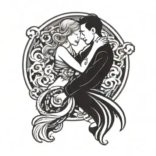 Black And White Ying And Yang Symbol With Man And Woman Embracing Eachother