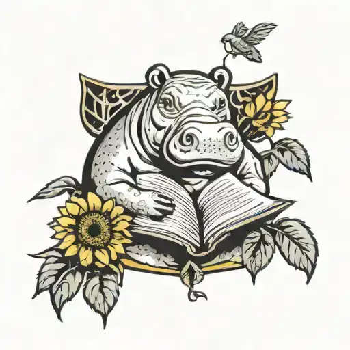 Hippo Reading With Book And Sunflowers