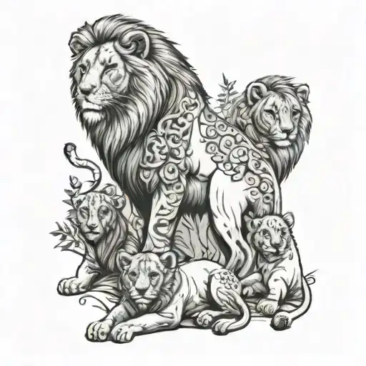 Half Sleeve Male Lion With 2 Lion Cubs And Woodland