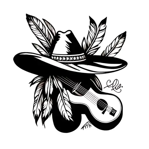 Indian Hat With Feathers And Guitar