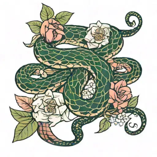 Snake And Colorful Flowers Intertwined