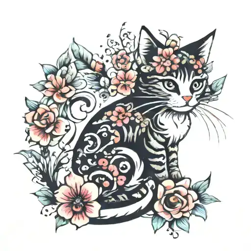 Cat And Flowers
