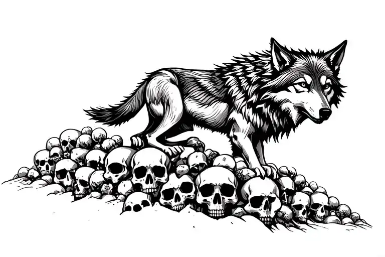 Wolf Sitting On The Mountain Of Skulls
