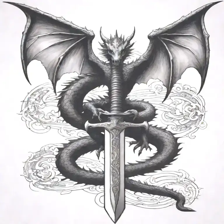 Dragon Wings Spread Behind A Sword With Tail Wrapped Around It