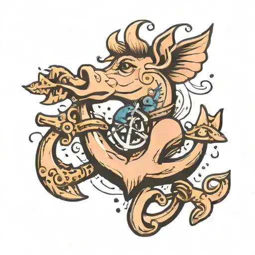 Anchor And Cute Flying Pig Connected Line