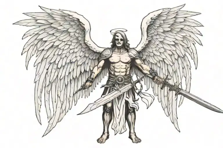Angel Of Death With Large Crow Wings Holding A Sword In Portrait Stance