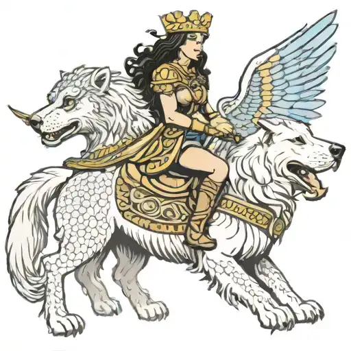 Amazon Warrior Princess Riding A Gryphon With The Head Of A Golden Retriever