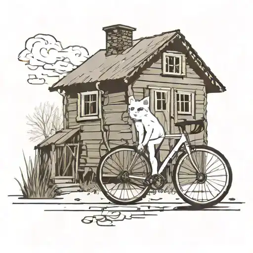 A Road Bike Cyclist With His White British Cat Stand In Front Of Wooden Village House
