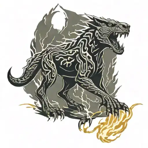 Full Body Of A Black Janguar With Lightning In The Background