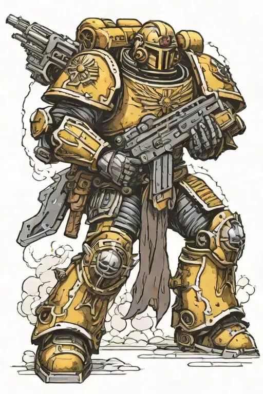 Warhammer 40K Space Marine Holding A Bolter And Power Sword In Full Power Armor