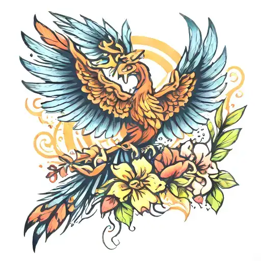 Phoenix With Outstretched Wings And Tropical Flowers Around