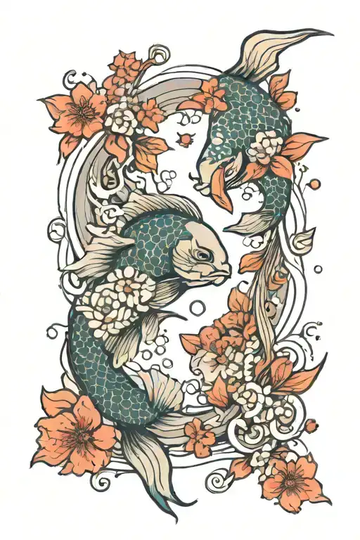 2 Pisces Fish Surrounded By Waves And Flowers And The Moon With A Japanese Feel