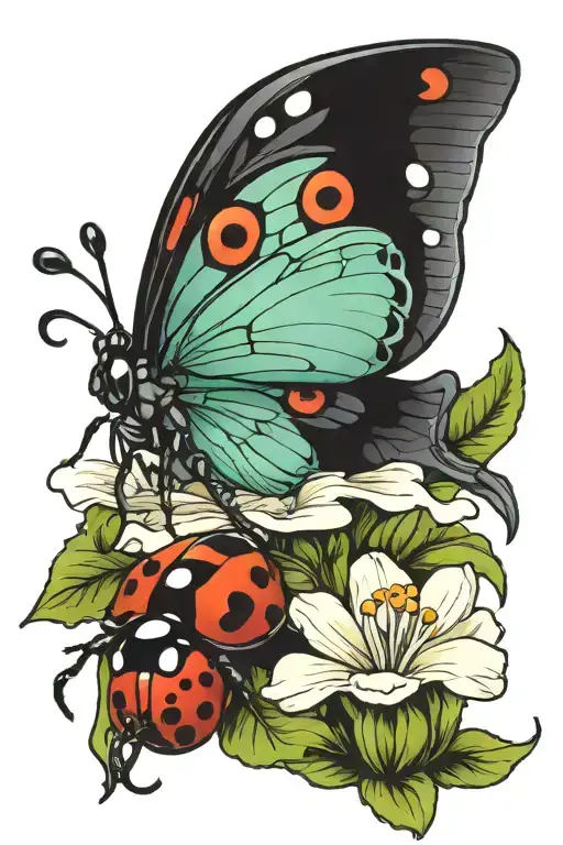 Orhid And Petunia With A Ladybug Sitting