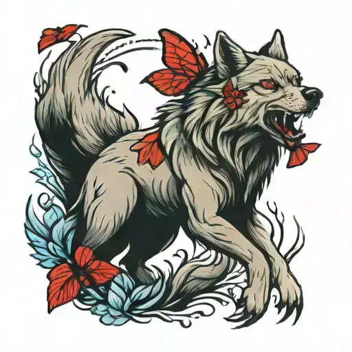 Wolf With Red Butterflie Flying