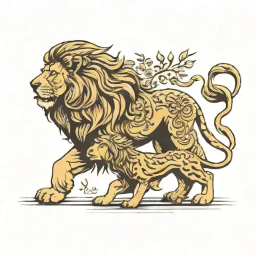 Lion And Own Son Walking