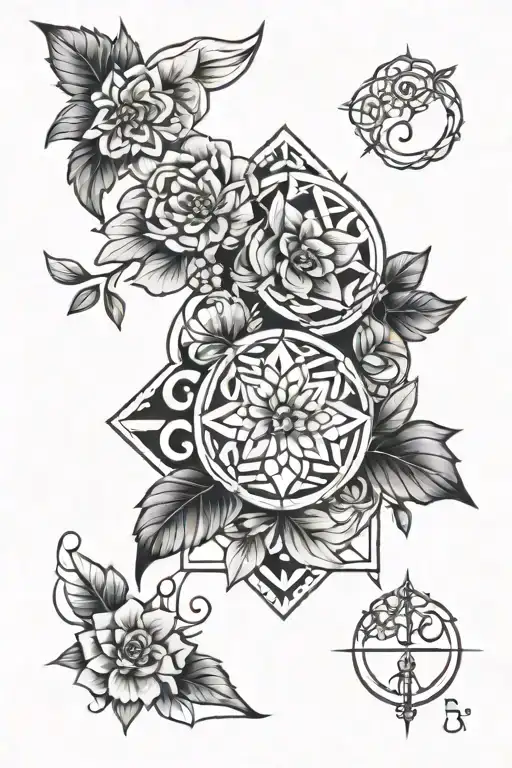 A Neotraditional Design Of A Sacred Geometry Pattern With Hidden Family Initials And Floral Accents