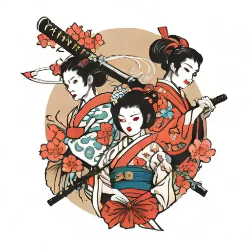 Sakura And Geisha Holding A Katana