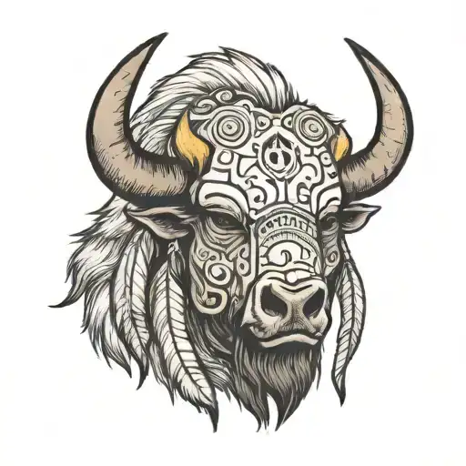 Buffalo With A Skull Mask With Head Dress