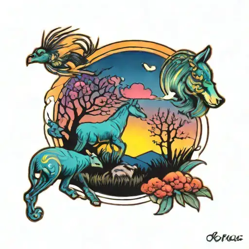 Colorful Sunset With Animals