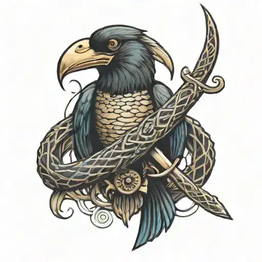 A Snake Wrapped Around A Raven With A Sword In The Middle