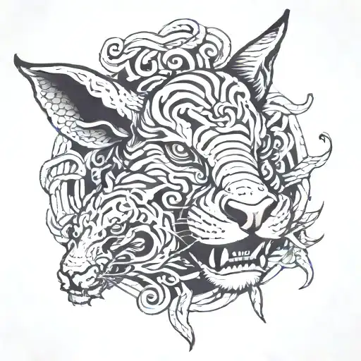 Ox Head With A Snake Coiling Two Rabbits And A Tiger