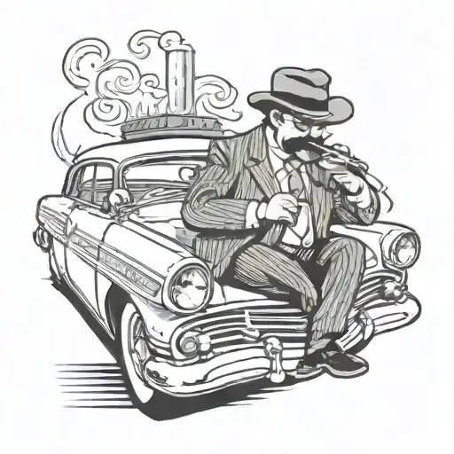 Fat Italian Guy In A Pinstripesuit And A Hat Sitting In The Back Of An Ford Mercury Smoking A Cigar